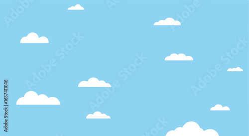 Cartoon sky with many fluffy white cumulus clouds on a light blue background