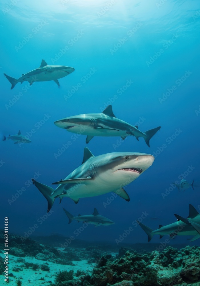 Fototapeta premium Encountering a squadron of sharks in the serene underwater landscape