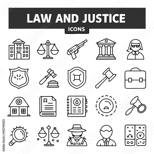 Vector art of collection of law and justice icons isolated on white background, including scales and gavel
