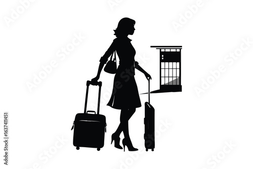 A woman in a dress and heels with a purse and two suitcases standing in front of a window with a grid pattern in a