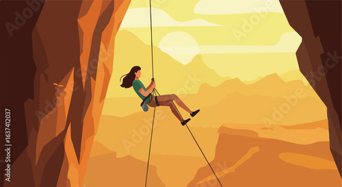 Climber rappels down rock face at sunset, hazy mountain view backdrop