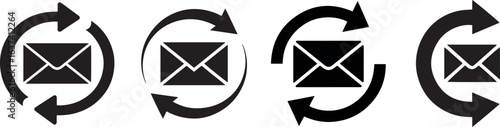 Four black envelope icons with circular arrows indicating communication and data flow on a white background