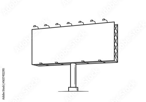A billboard stands tall supported by a central pole with multiple lights on top