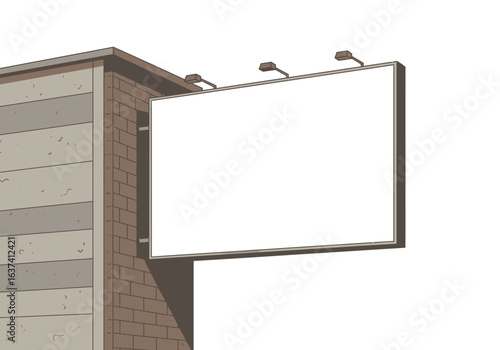 A blank billboard mounted on a brick building with three lights