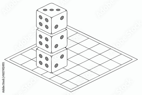Three white dice stacked on a grid board in isometric view gambling game