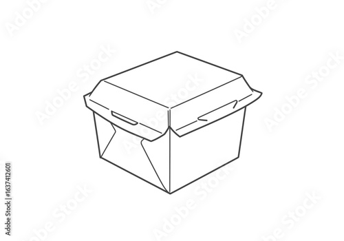 A closed square takeout container rendered in a line art style