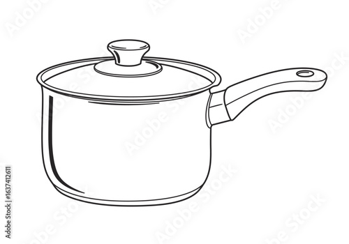 A cooking pot with lid and handle shown in outline