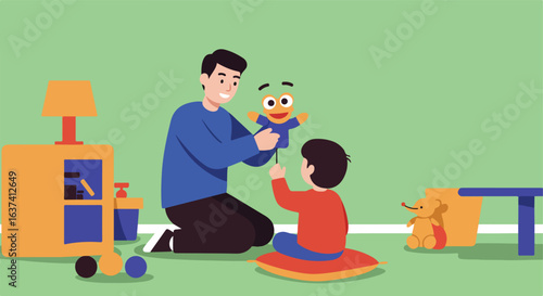Parent plays with child using hand puppet in play area with other toys, loving