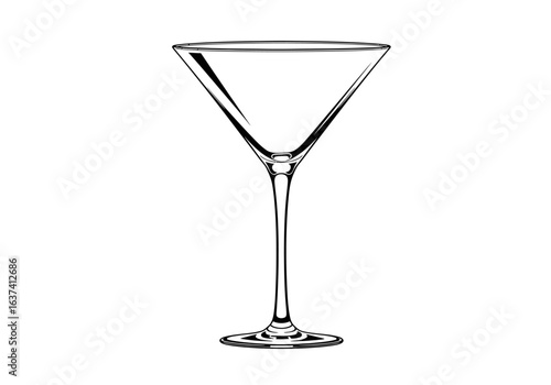 A detailed line drawing of a martini glass with a long stem and wide conical bowl on a plain white background