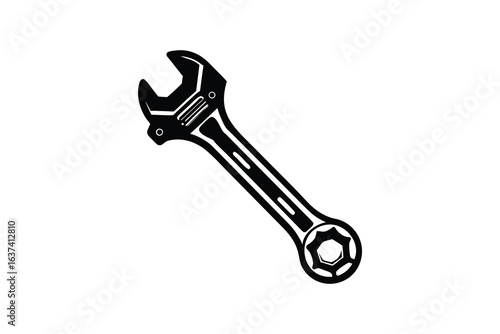Silhouette of a wrench with a handle and a curved tool head evoking a mechanical theme and a sense of precision engineering set against a