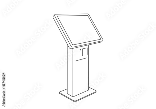 A freestanding touchscreen kiosk featuring a screen atop a rectangular body on a base