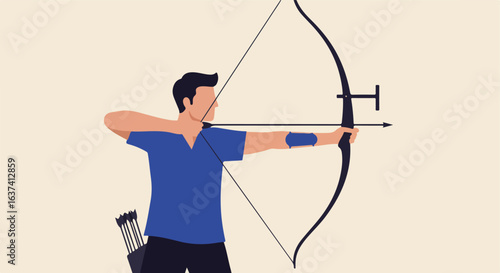 Archer poised to shoot arrow, drawing back bow in target practice, intense focus