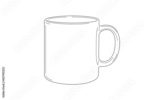 A graylined drawing of a cylindrical mug with a Dshaped handle set against a blank white background
