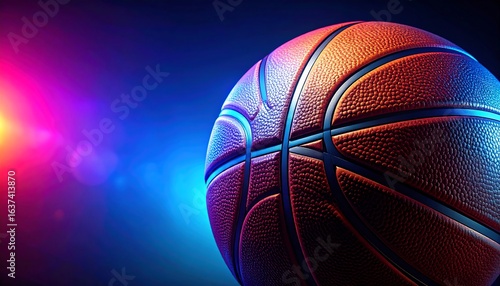 Close-up basketball in vibrant lights