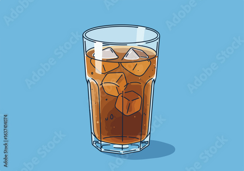 Iced drink with ice cubes in glass, on light blue background for drink ads