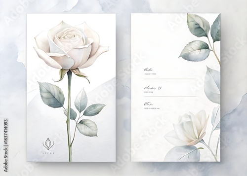 Elegant watercolor illustration of a delicate pale rose with soft green leaves on a textured background perfect for wedding invitations