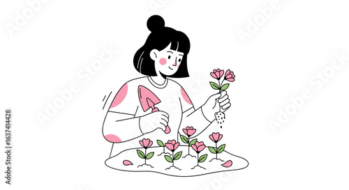 Illustration of a woman with a trowel planting flowers in a garden bed outdoors
