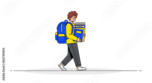 A student walking with a backpack and books in his arms on a white background