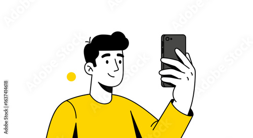 A man in a yellow shirt is holding up a smartphone and looking at the screen