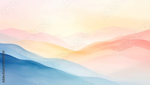 A serene pastel mountain range landscape with soft, dreamy clouds against gentle sky, beautiful minimalist abstract art wallpaper background for digital design projects.