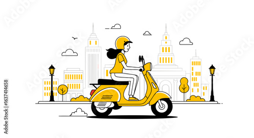 Illustration of a woman riding a yellow scooter in a city landscape scene view