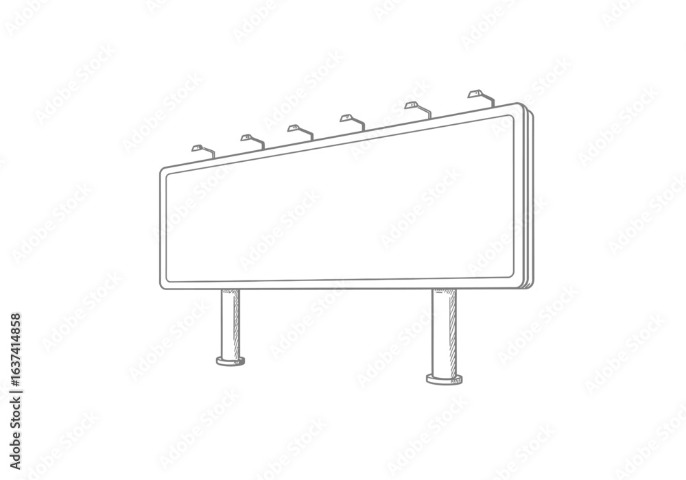 Obraz premium An empty billboard is displayed on two metal posts illuminated by lights above