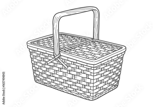 A woven picnic basket with a handle and hinged lid rendered in detailed line art