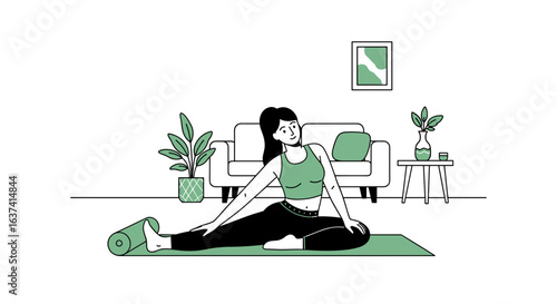 A woman in sportswear stretching on a yoga mat in a living room with furniture