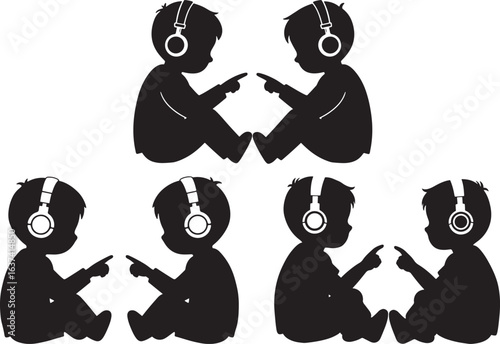 Children with headphones pointing at each other silhouette