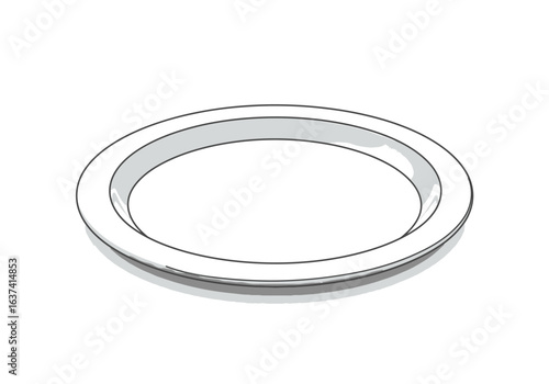 An elevated offwhite plate with a gray rim casting a shadow set against a white background