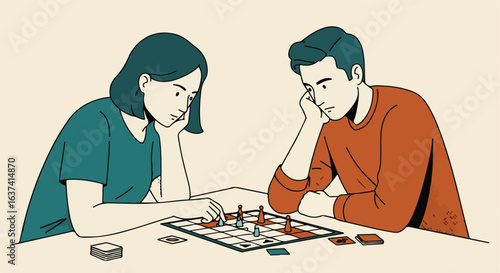 Pensive woman & man seated, playing a board game. One makes a move. Casual scene