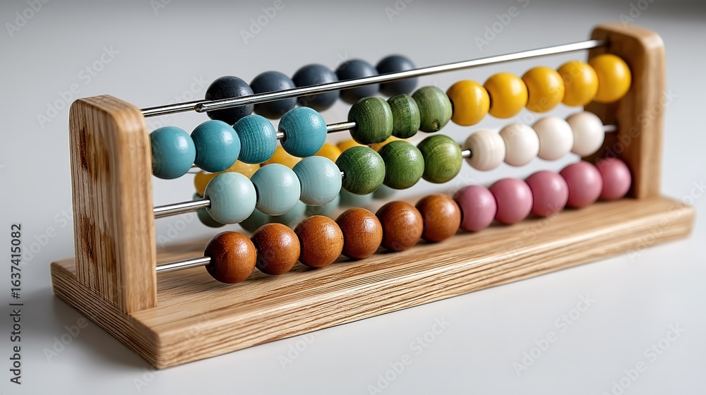 Colorful Wooden Abacus with Metal Rods on a Light Background for Educational and Decorative Purposes Colorful Wooden Abacus with Metal Rods on a Light Background for Educational and Decorative Purposes