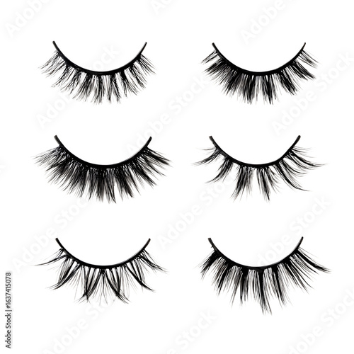 Six pairs of dramatic fluffy black false eyelashes isolated on transparent background