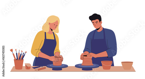 People make clay pottery, crafts, arts on wheel; tools on a table, aprons on