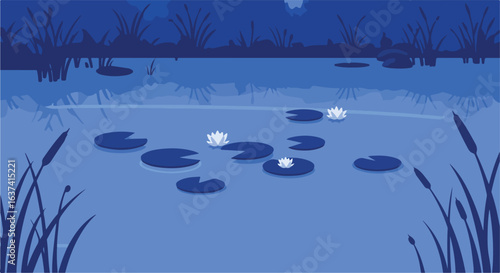 Serene pond scene at twilight with lily pads and reeds in soothing blue tones