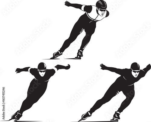 Three speed skaters in action silhouette