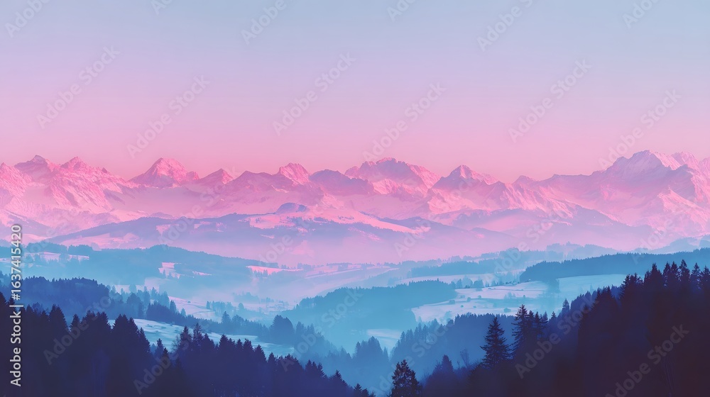 Obraz premium Pastel-toned mountain range with a misty valley.