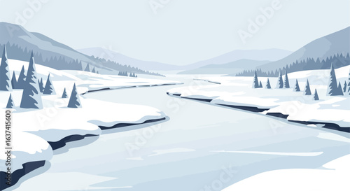 Snowy scene with mountains, trees and frozen river in muted blues and whites