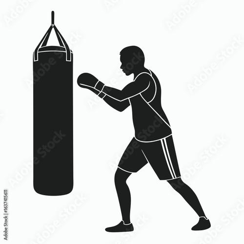 Silhouette of Male Boxer Striking Punching Bag