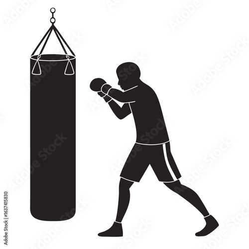 Boxer Training with Punching Bag in Black Silhouette