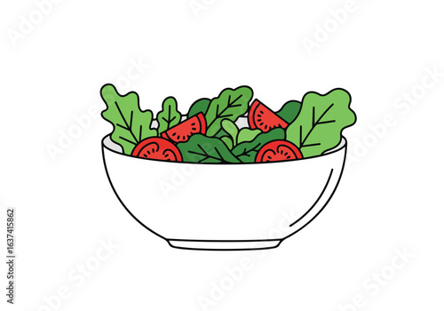 Salad in white bowl, white background. Healthy meal illustration/icon