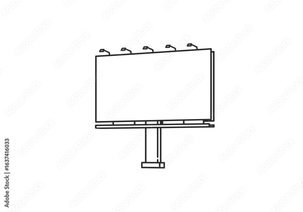 Obraz premium Isolated line drawing of a rectangular billboard with support structure and lighting fixtures on a white background
