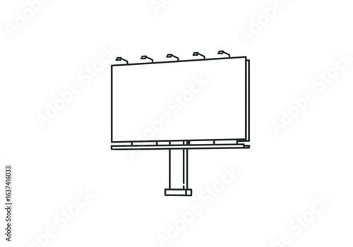 Isolated line drawing of a rectangular billboard with support structure and lighting fixtures on a white background