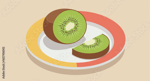Kiwi slices on plate on a plain backdrop, for healthy menu food art or diet guidance