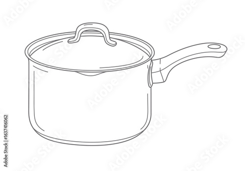Line art of a saucepan with lid and handle rendered in gray against a white background
