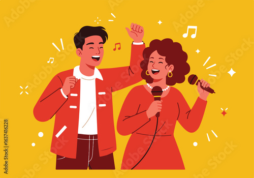 Couple sings karaoke with music notes on a background for an advertisement