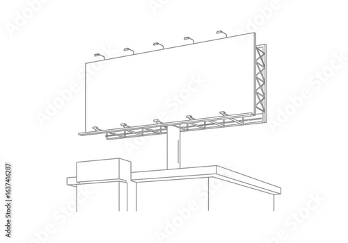 Outline of a billboard mounted atop a building with lights support structures and geometric design