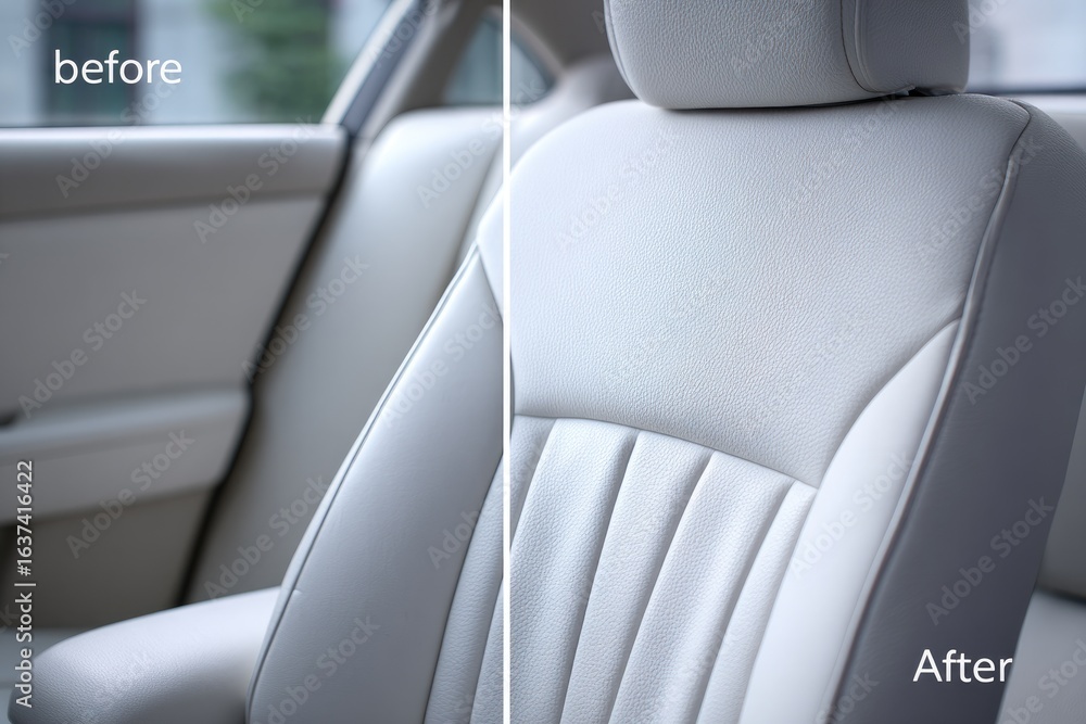 Obraz premium Car seat cleaning before and after. Cleaned light beige leather car seat. Improved appearance