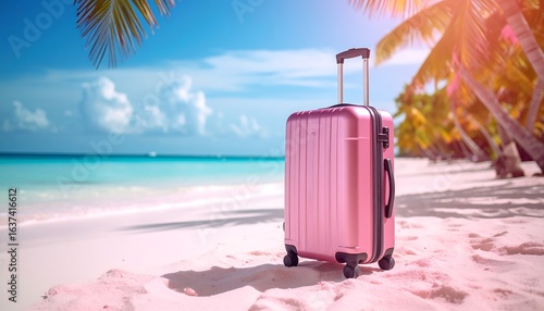 Pink suitcase on a tropical beach under palm trees