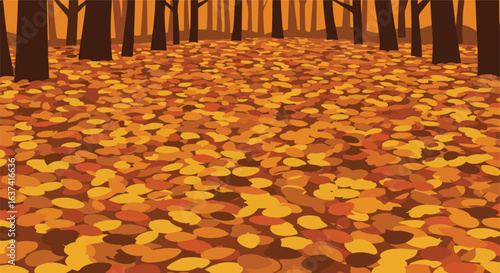 Autumnal Forest Floor Trees with fallen leaves, in hues of orange, brown and yellow